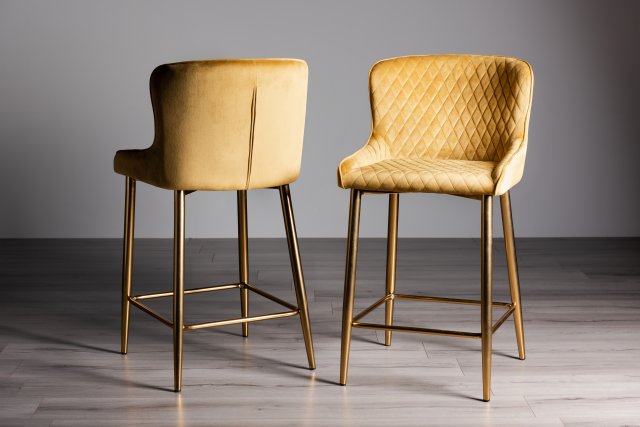 Gallery Collection Cezanne - Mustard Velvet Fabric Bar Stools with Gold Legs (Pair)