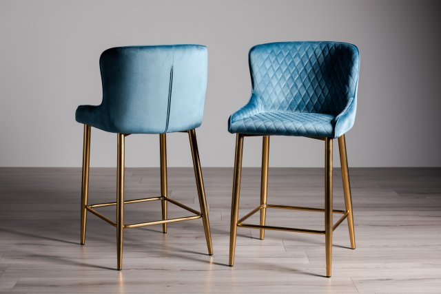 Gallery Collection Cezanne - Petrol Blue Velvet Fabric Bar Stools with Gold Legs (Pair)