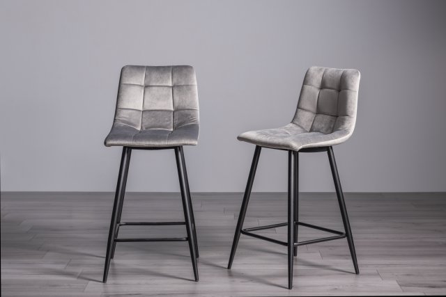 Gallery Collection Mondrian - Grey Velvet Fabric Bar Stools with Black Legs (Pair)