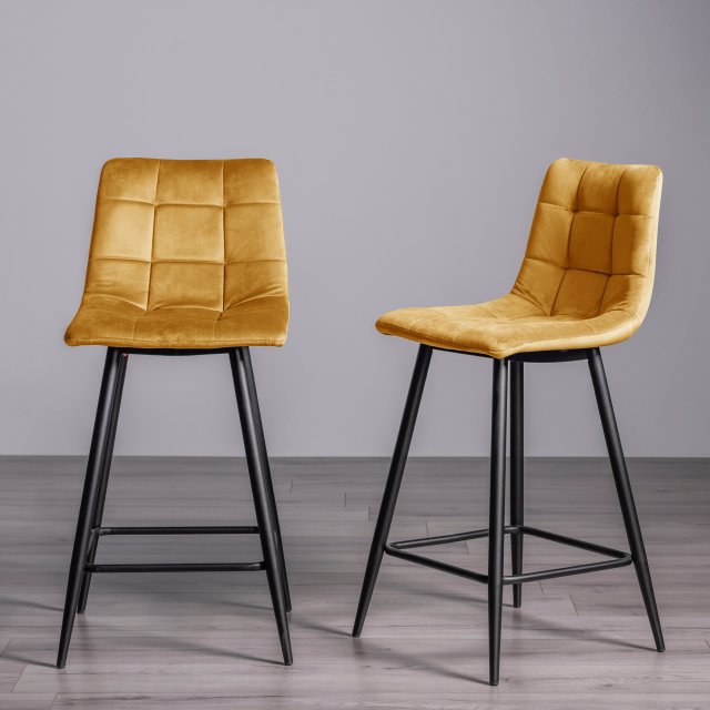 Gallery Collection Mondrian - Mustard Velvet Fabric Bar Stool with Black Legs (Pair)