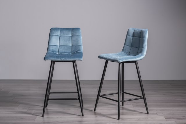 Gallery Collection Mondrian - Petrol Blue Velvet Fabric Bar Stools with Sand Black Powder Coated Legs (Pair)