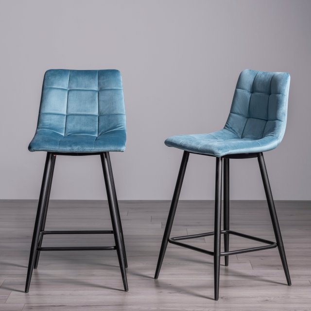 Gallery Collection Mondrian - Petrol Blue Velvet Fabric Bar Stool with Black Legs (Pair)