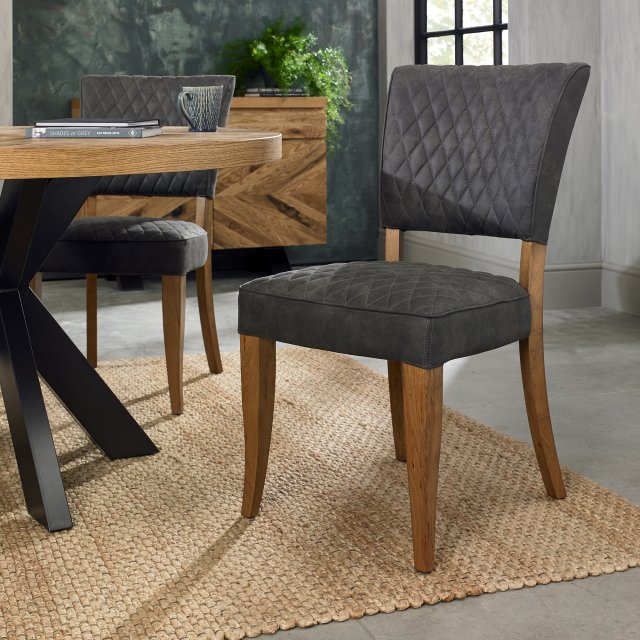 Bentley Designs Logan Rustic Oak Upholstered Chair- Dark Grey Fabric- feature shot