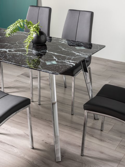 Gallery Collection Emin Black Marble Effect Tempered Glass 6 Seater Dining Table with Shiny Nickel Legs