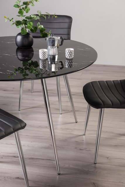 Gallery Collection Christo Black Marble Effect Tempered Glass 4 Seater Dining Table with Shiny Nickel Legs