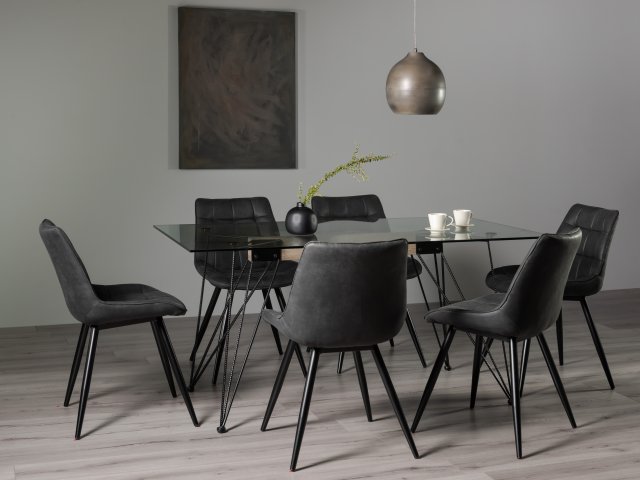 Gallery Collection Miro Clear Tempered Glass 6 Seater Dining Table & 6 Seurat Dark Grey Faux Suede Fabric Chairs with Sand Black Powder Coated Legs
