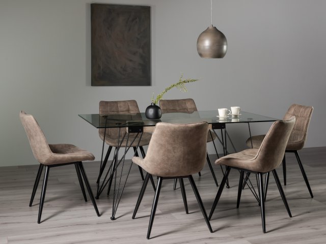 Gallery Collection Miro Clear Tempered Glass 6 Seater Dining Table & 6 Seurat Tan Faux Suede Fabric Chairs with Sand Black Powder Coated Legs