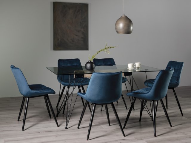 Gallery Collection Miro Clear Tempered Glass 6 Seater Dining Table & 6 Seurat Blue Velvet Fabric Chairs with Sand Black Powder Coated Legs