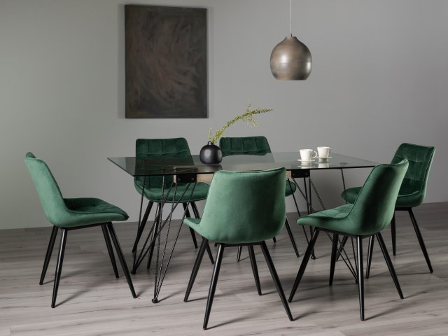 Gallery Collection Miro Clear Tempered Glass 6 Seater Dining Table & 6 Seurat Green Velvet Fabric Chairs with Sand Black Powder Coated Legs