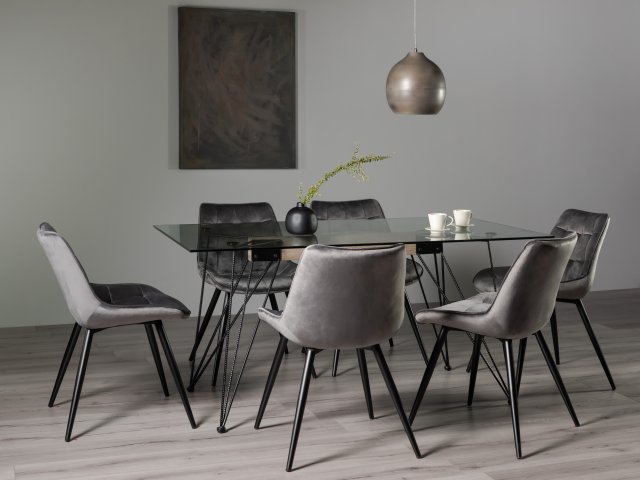 Gallery Collection Miro Clear Glass 6 Seater Table & 6 Seurat Grey Velvet Chairs