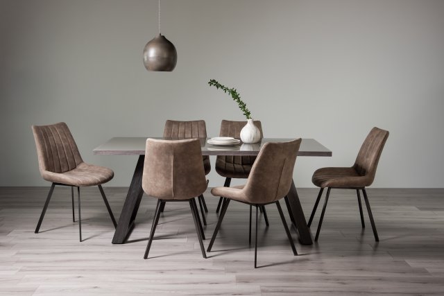 Gallery Collection Hirst Grey Painted Tempered Glass 6 Seater Dining Table & 6 Fontana Tan Faux Suede Fabric Chairs with Grey Hand Brushing on Black Powder Coated Legs