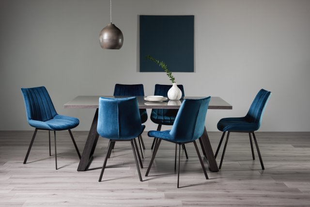 Gallery Collection Hirst Grey Painted Glass 6 Seater Table & 6 Fontana Blue Velvet Chairs