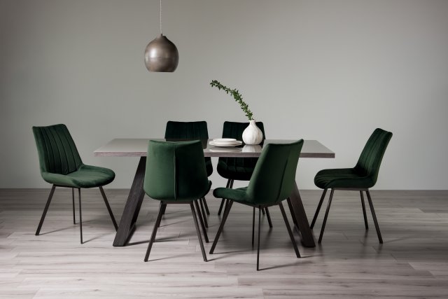 Gallery Collection Hirst Grey Painted Tempered Glass 6 Seater Dining Table & 6 Fontana Green Velvet Fabric Chairs with Grey Hand Brushing on Black Powder Coated Legs
