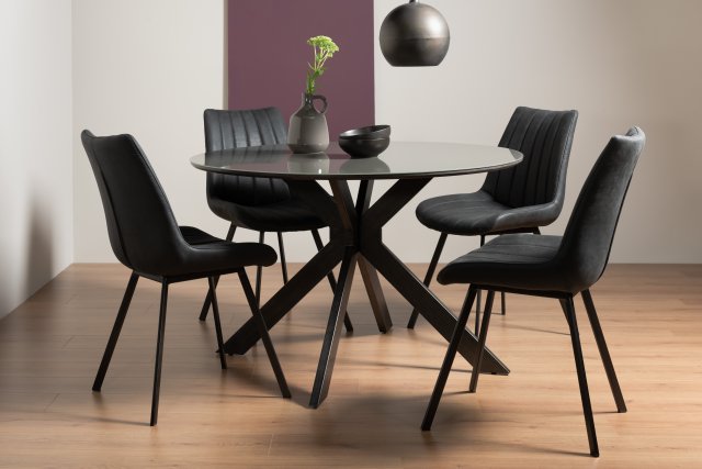 Gallery Collection Hirst Grey Painted Tempered Glass 4 Seater Dining Table & 4 Fontana Dark Grey Faux Suede Fabric Chairs with Grey Hand Brushing on Black Powder Coated Legs