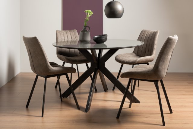 Gallery Collection Hirst Grey Painted Tempered Glass 4 Seater Dining Table & 4 Fontana Tan Faux Suede Fabric Chairs with Grey Hand Brushing on Black Powder Coated Legs