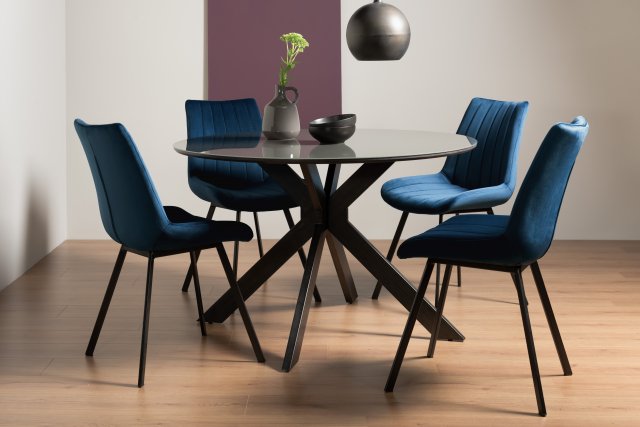 Gallery Collection Hirst Grey Painted Tempered Glass 4 Seater Dining Table & 4 Fontana Blue Velvet Fabric Chairs with Grey Hand Brushing on Black Powder Coated Legs