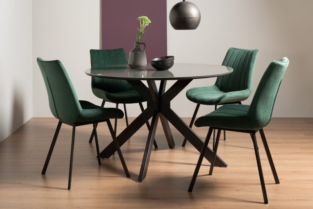 Gallery Collection Hirst Grey Painted Tempered Glass 4 Seater Dining Table & 4 Fontana Green Velvet Fabric Chairs with Grey Hand Brushing on Black Powder Coated Legs