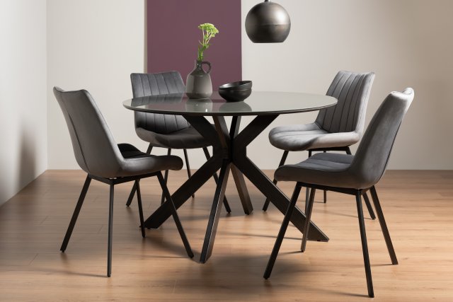 Gallery Collection Hirst Grey Painted Glass 4 Seater Table & 4 Fontana Grey Velvet Chairs