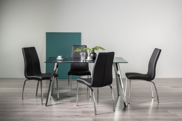 Gallery Collection Emin Black Marble Effect Tempered Glass 6 Seater Table & 4 Benton Black Faux Leather Chairs with Shiny Nickel Legs