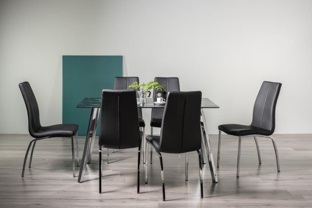Gallery Collection Emin Black Marble Effect Tempered Glass 6 Seater Table & 6 Benton Black Faux Leather Chairs with Shiny Nickel Legs