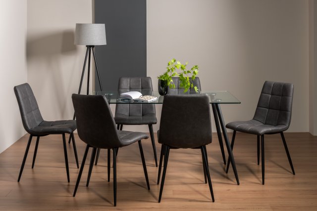Gallery Collection Martini Clear Tempered Glass 6 Seater Dining Table & 6 Mondrian Dark Grey Faux Leather Chairs with Sand Black Powder Coated Legs