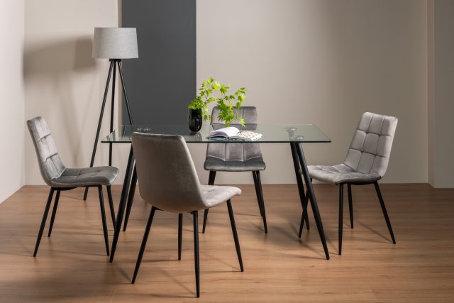 Gallery Collection Martini Clear Tempered Glass 6 Seater Dining Table & 4 Mondrian Grey Velvet Fabric Chairs with Sand Black Powder Coated Legs