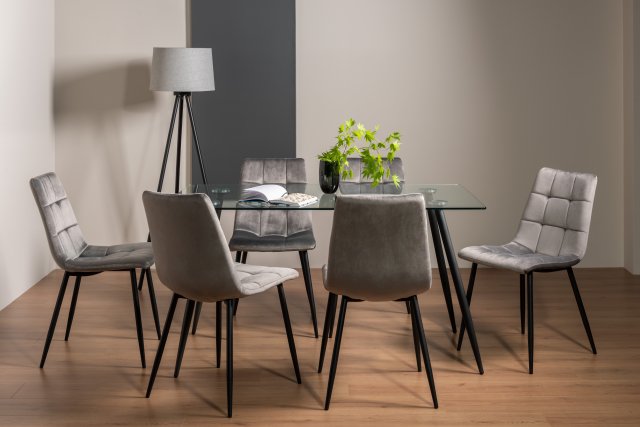 Gallery Collection Martini Clear Tempered Glass 6 Seater Dining Table & 6 Mondrian Grey Velvet Fabric Chairs with Sand Black Powder Coated Legs