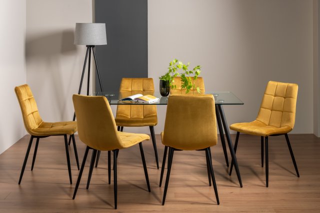 Gallery Collection Martini Clear Tempered Glass 6 Seater Dining Table & 6 Mondrian Mustard Velvet Fabric Chairs with Sand Black Powder Coated Legs