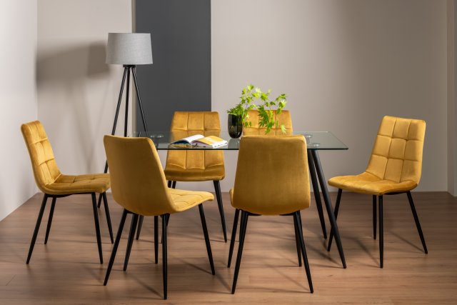 Gallery Collection Martini Clear Glass 6 Seater Table & 6 Mondrian Mustard Velvet Chairs