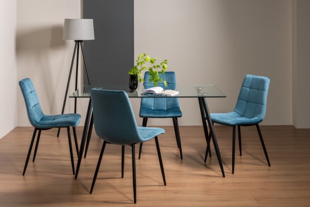 Gallery Collection Martini Clear Tempered Glass 6 Seater Dining Table & 4 Mondrian Petrol Blue Velvet Fabric Chairs with Sand Black Powder Coated Legs