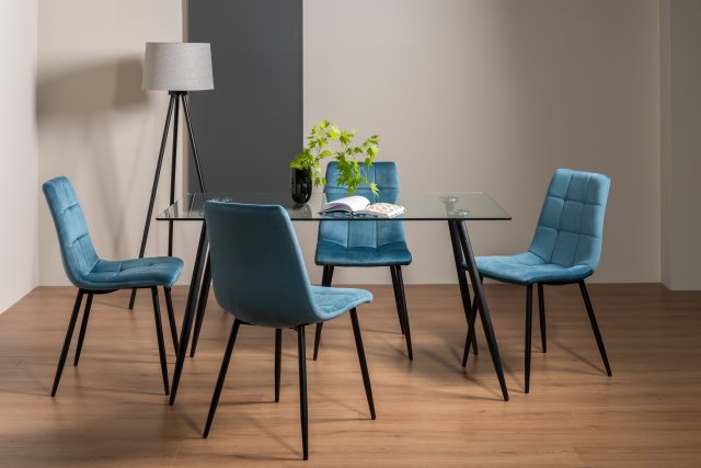 Gallery Collection Martini Clear Glass 6 Seater Table & 4 Mondrian Petrol Blue Velvet Chairs