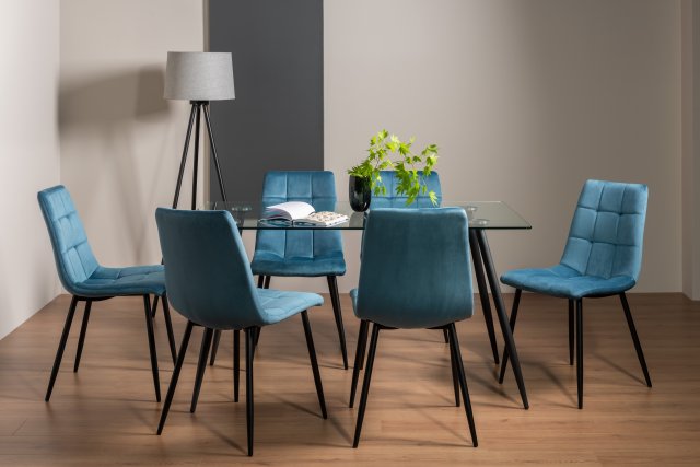 Gallery Collection Martini Clear Tempered Glass 6 Seater Dining Table & 6 Mondrian Petrol Blue Velvet Fabric Chairs with Sand Black Powder Coated Legs