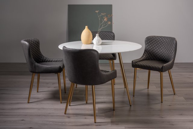 Gallery Collection Francesca White Marble Effect Tempered Glass 4 Seater Dining Table & 4 Cezanne Dark Grey Faux Leather Chairs with Matt Gold Plated Legs