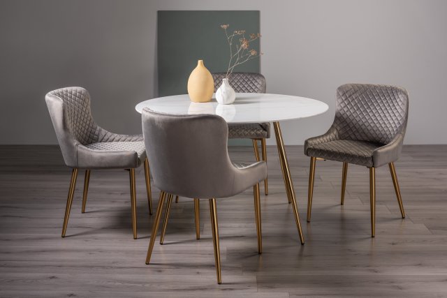 Gallery Collection Francesca White Glass 4 Seater Table & 4 Cezanne Grey Velvet Chairs - Gold Legs