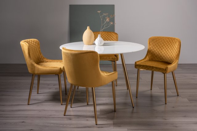 Gallery Collection Francesca White Marble Effect Tempered Glass 4 Seater Dining Table & 4 Cezanne Mustard Velvet Fabric Chairs with Matt Gold Plated Legs