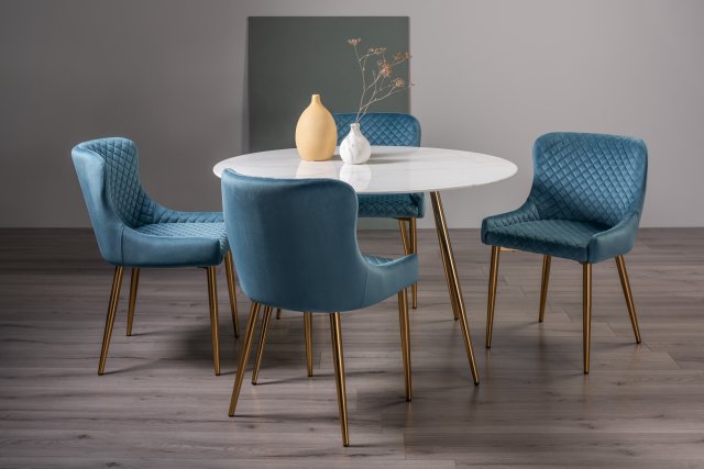 Gallery Collection Francesca White Marble Effect Tempered Glass 4 Seater Dining Table & 4 Cezanne Petrol Blue Velvet Fabric Chairs with Matt Gold Plated Legs