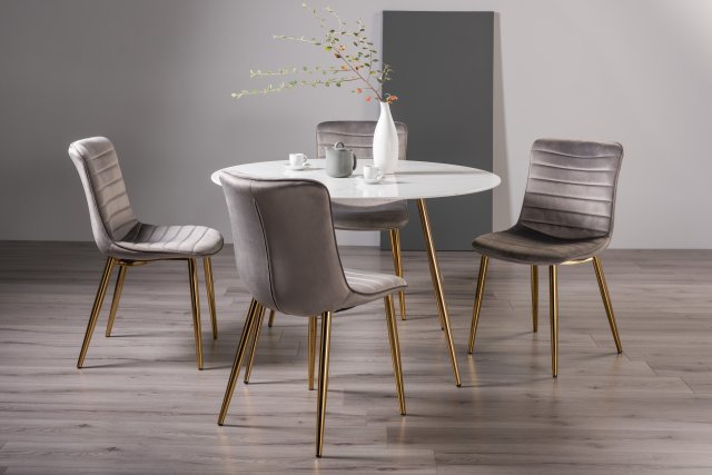Gallery Collection Francesca White Marble Effect Tempered Glass 4 seater Dining Table & 4 Rothko Grey Velvet Fabric Chairs with Matt Gold Plated Legs