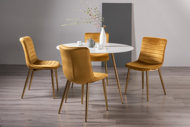 Gallery Collection Francesca White Marble Effect Tempered Glass 4 Seater Dining Table & 4 Rothko Mustard Velvet Fabric Chairs with Matt Gold Plated Legs