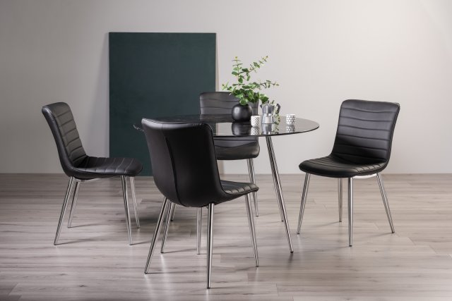Gallery Collection Christo Black Marble Effect Tempered Glass 4 Seater Tables & 4 Rothko Black Faux Leather Chairs with Shiny Nickel Legs
