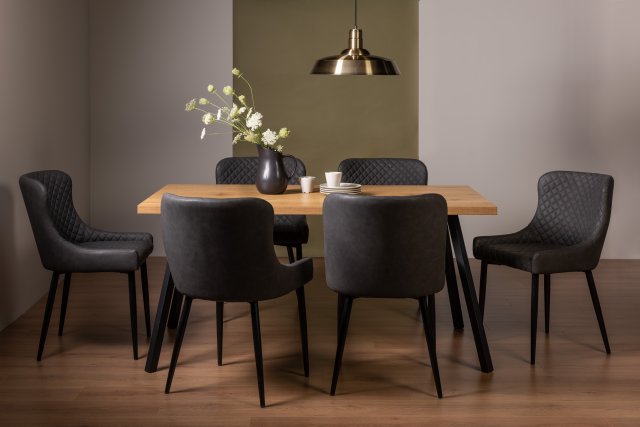 Gallery Collection Ramsay Oak Melamine 6 Seater Table - 4 Legs & 6 Cezanne Dark Grey Faux Leather Chairs - Black Legs
