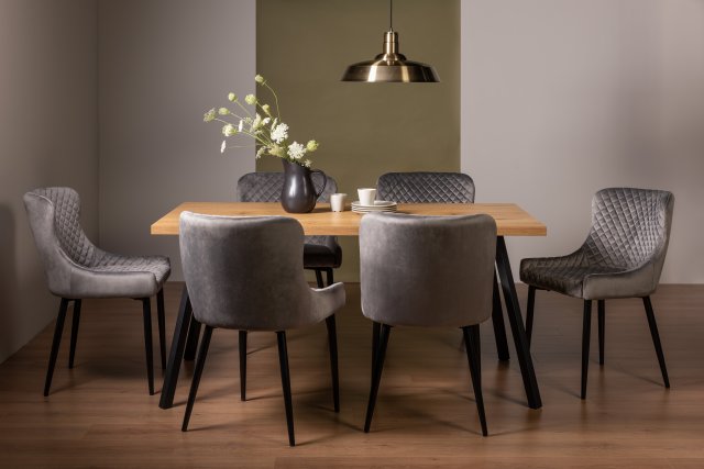 Gallery Collection Ramsay Rustic Oak Effect Melamine 6 Seater Dining Table with 4 Legs  & 6 Cezanne Grey Velvet Fabric Chairs with Sand Black Powder Coated Legs