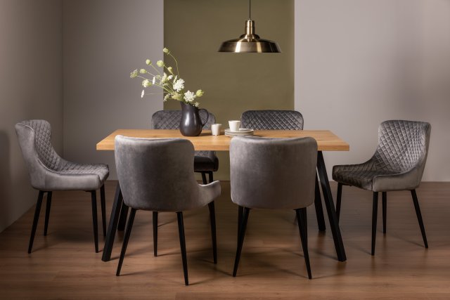 Gallery Collection Ramsay Oak Melamine 6 Seater Table - 4 Legs & 6 Cezanne Grey Velvet Chairs - Black Legs