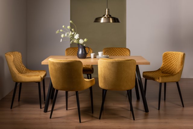 Gallery Collection Ramsay Rustic Oak Effect Melamine 6 Seater Dining Table with 4 Legs  & 6 Cezanne Mustard Velvet Fabric Chairs with Sand Black Powder Coated Legs