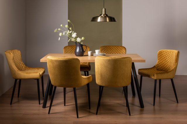 Gallery Collection Ramsay Oak Melamine 6 Seater Table - 4 Legs & 6 Cezanne Mustard Velvet Chairs - Black Legs