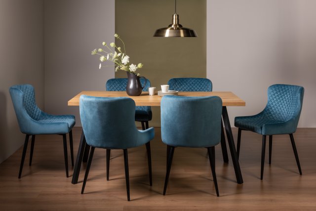 Gallery Collection Ramsay Rustic Oak Effect Melamine 6 Seater Dining Table with 4 Legs  & 6 Cezanne Petrol Blue Velvet Fabric Chairs with Sand Black Powder Coated Legs