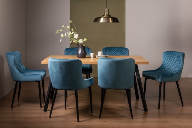 Gallery Collection Ramsay Oak Melamine 6 Seater Table - 4 Legs & 6 Cezanne Petrol Blue Velvet Chairs - Black Legs