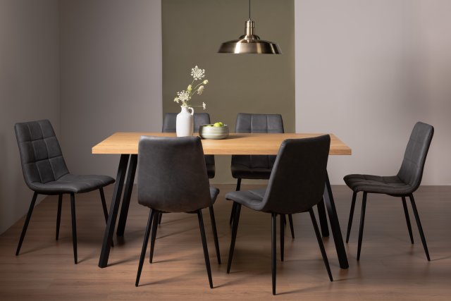 Gallery Collection Ramsay Oak Melamine 6 Seater Table - 4 Legs & 6 Mondrian Dark Grey Faux Leather Chairs