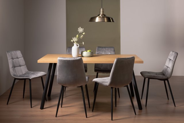 Gallery Collection Ramsay Rustic Oak Effect Melamine 6 Seater Dining Table with 4 Legs  & 6 Mondrian Grey Velvet Fabric Chairs with Sand Black Powder Coated Legs