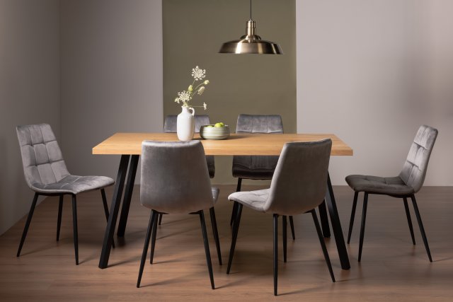 Gallery Collection Ramsay Oak Melamine 6 Seater Table - 4 Legs & 6 Mondrian Grey Velvet Chairs