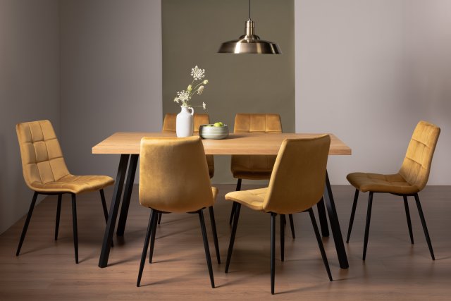 Gallery Collection Ramsay Rustic Oak Effect Melamine 6 Seater Dining Table with 4 Legs  & 6 Mondrian Mustard Velvet Fabric Chairs with Sand Black Powder Coated Legs